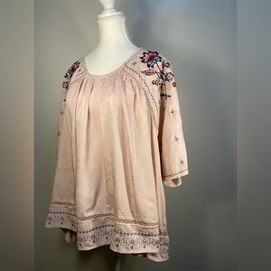 Knox Rose Womens Floral Embroidered Crew Neck Top Size XXL Hi Low Hem Multicolor